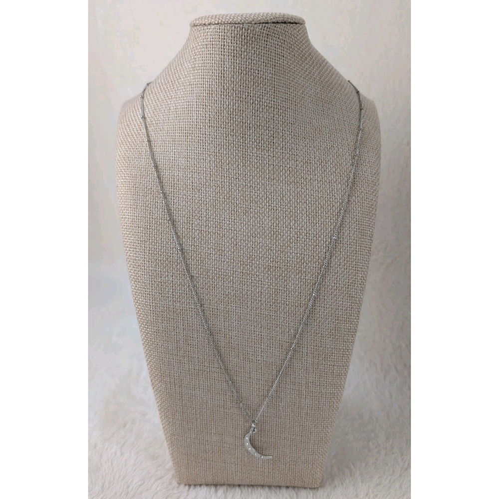 Silver Tone Crescent Moon Necklace‎ with Clear Rhinestones Celestial Pendant...